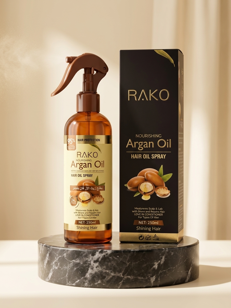 اسپری روغن ارگان برند تخصصی راکو (RAKO)؛ فرمولاسیون پیشرفته‌ای که مخصوص ترمیم موهای خشک، آسیب‌دیده و دارای موخوره طراحی شده است. 🧡